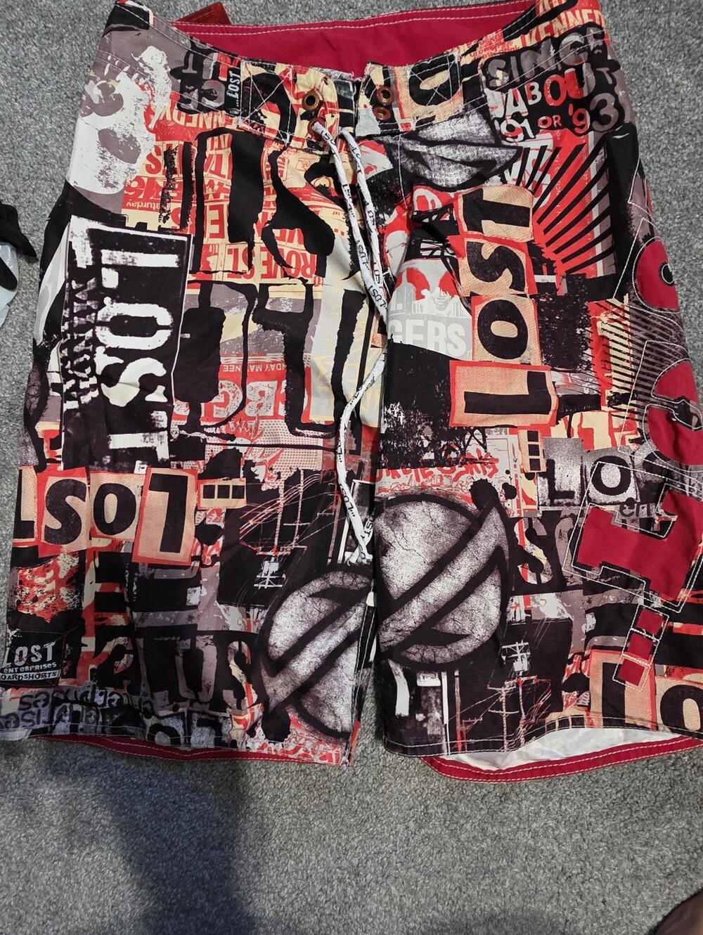 Graphic Patchwork Board Shorts in Red, Black & Cream
